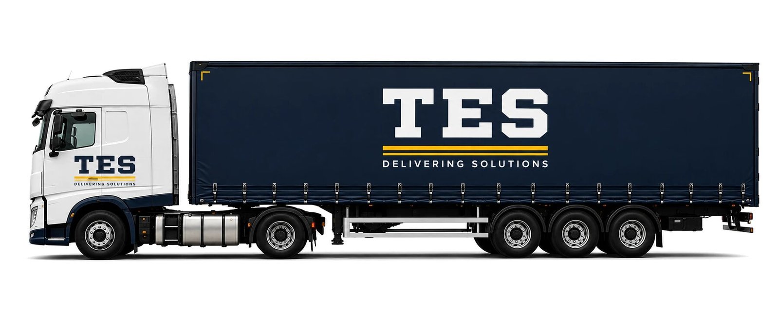TES liveried artic, white tractor unit and navy curtainside trailer with the TES Delivering Solutions livery